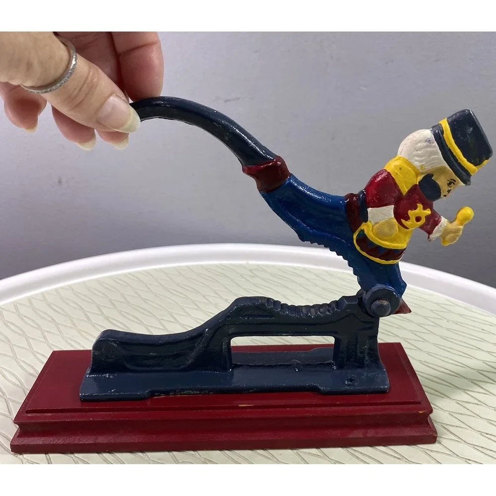 Vintage Cast Iron Nut Cracker Painted‎ on Mounted Wood Base Christmas 6x7.5x2